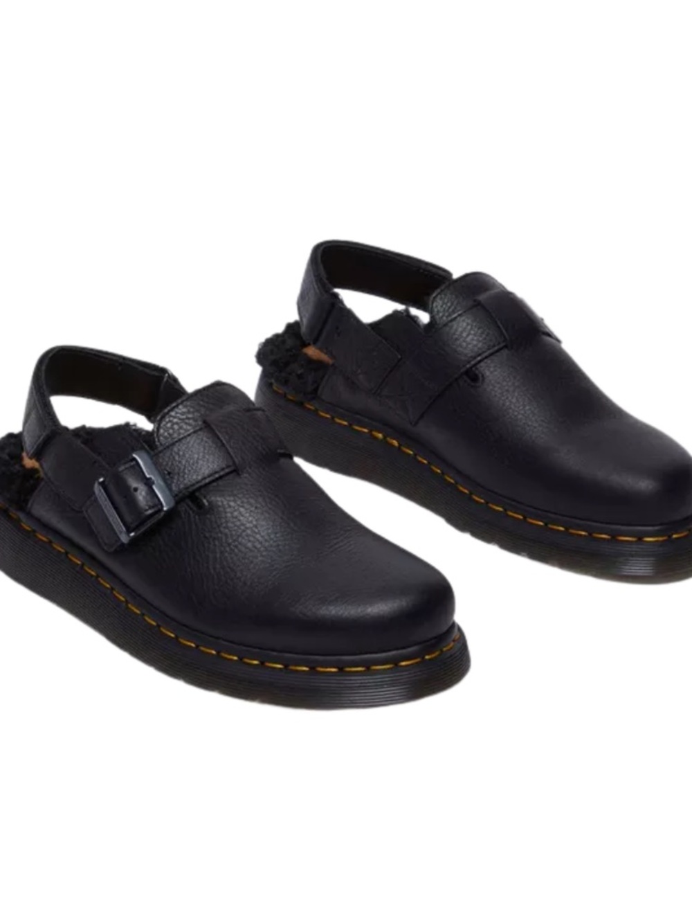 Dr. Martens Black Leather Buckle Clog with Shearling Trim
